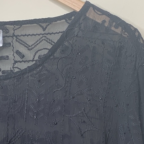 Chico’s | Black Silk Beaded Sheer Bell Sleeve Textured Embroidered Tunic Top 2 M - Picture 6 of 17